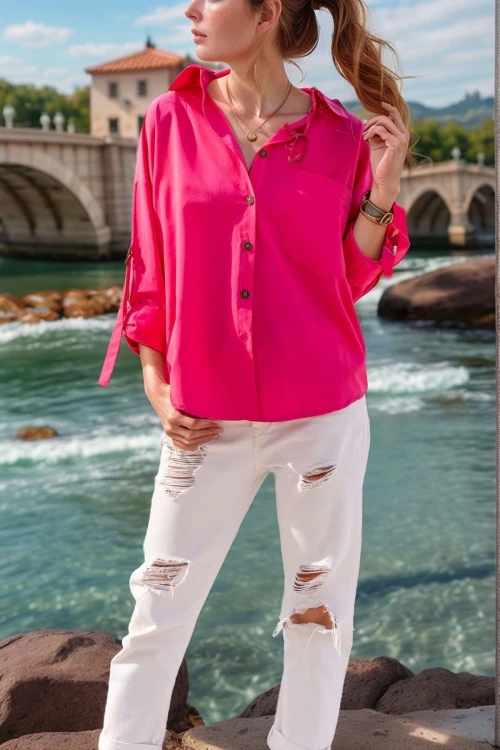 Fuşya Kolları Apoletli Cepli Poplin Salaş Gömlek BCBSK-25700-3557