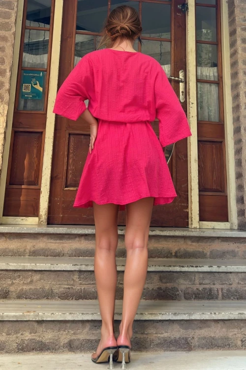 Fuşya Yakası Yırtmaçlı Beli Lastikli Yarasa Kol Yumuşak Dokulu Salaş Elbise BCBSK-25700-3654