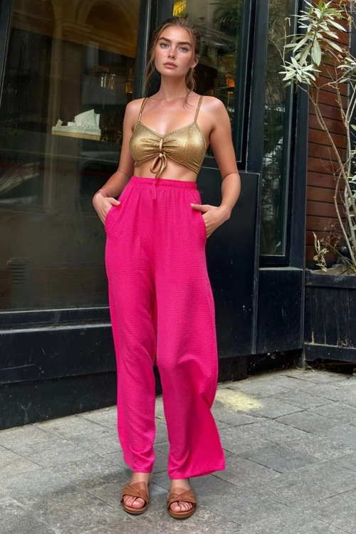 Fuşya Yüksek Bel Beli Lastikli Pantolon BCBSK-25700-3652