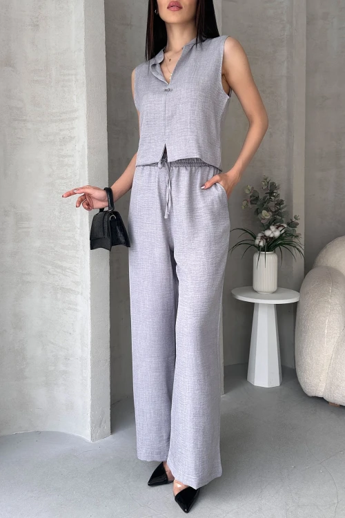 Gri Aerobin Keten Hakim Yaka Aksesuarlı Bluz Ve Pantolon Alt Üst Takım BCDF-25S1008