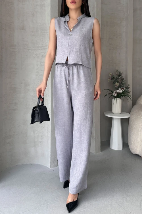 Gri Aerobin Keten Hakim Yaka Aksesuarlı Bluz Ve Pantolon Alt Üst Takım BCDF-25S1008