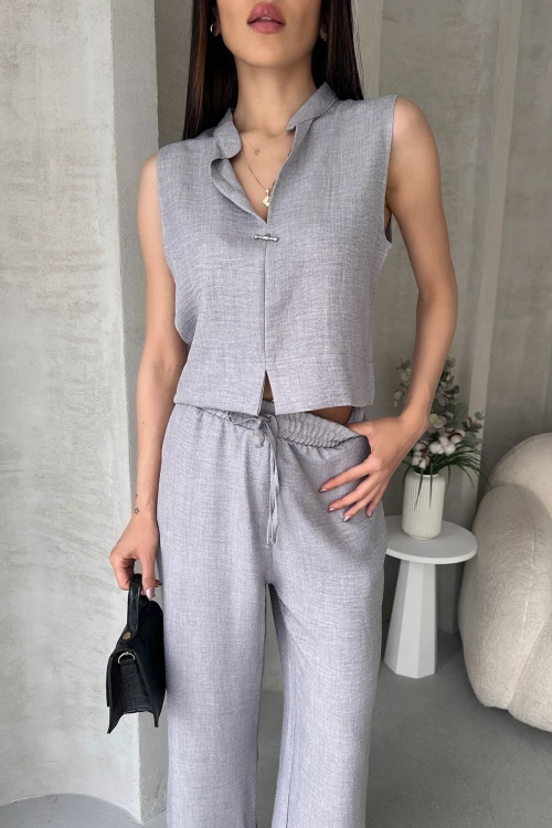Gri Aerobin Keten Hakim Yaka Aksesuarlı Bluz Ve Pantolon Alt Üst Takım BCDF-25S1008