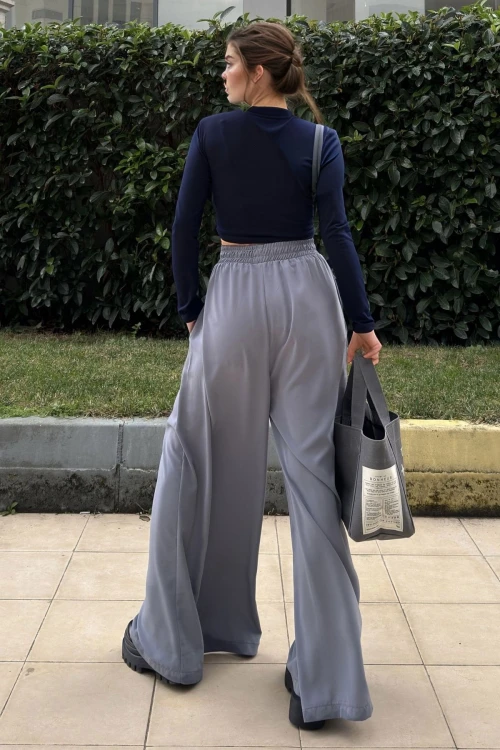 Gri Beli Lastikli Cepli Bol Paça Yumuşak Dokulu Salaş Pantolon BCBSK-25700-3391