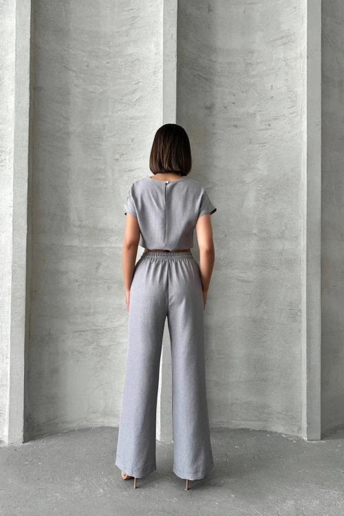 Gri Crop Bluz Ve Pantolon Alt Üst Takım BCHN-25255057