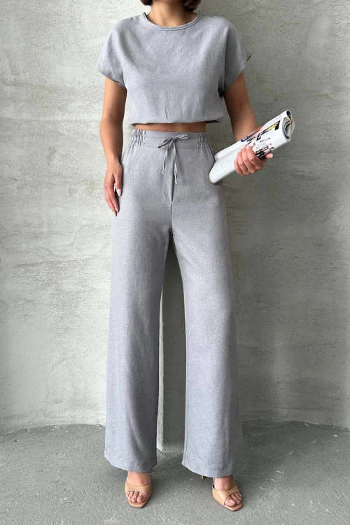 Gri Crop Bluz Ve Pantolon Alt Üst Takım BCHN-25255057