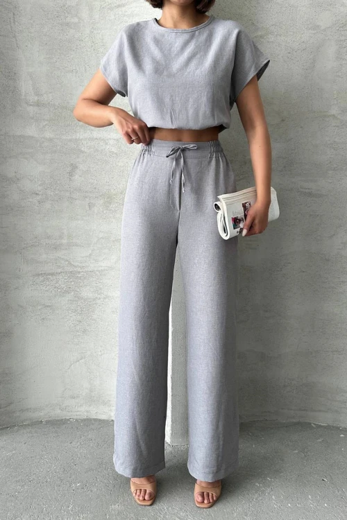Gri Crop Bluz Ve Pantolon Alt Üst Takım BCHN-25255057