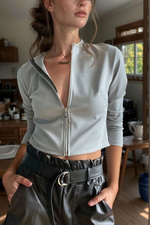 Gri Fermuarlı Kaşkorse Likralı Crop Bluz BCBSK-25700-3323