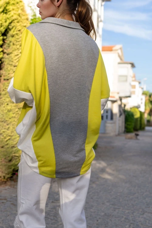 Gri Polo Yaka Yarasa Kol Color Block Salaş Sweatshirt BCBSK-25700-3473