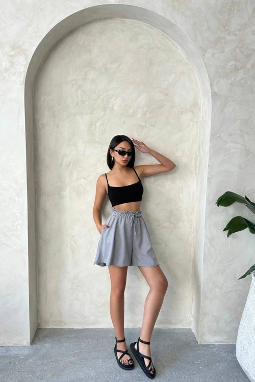 Gri Volanlı Rahat Kalıp Beli Lastikli Keten Şort BCHN-25255058