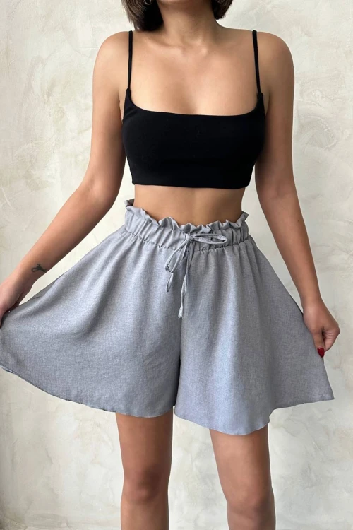 Gri Volanlı Rahat Kalıp Beli Lastikli Keten Şort BCHN-25255058