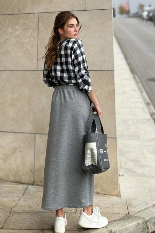 Gri Yüksek Bel Beli Latikli Uzun Etek BCBSK-25700-3503