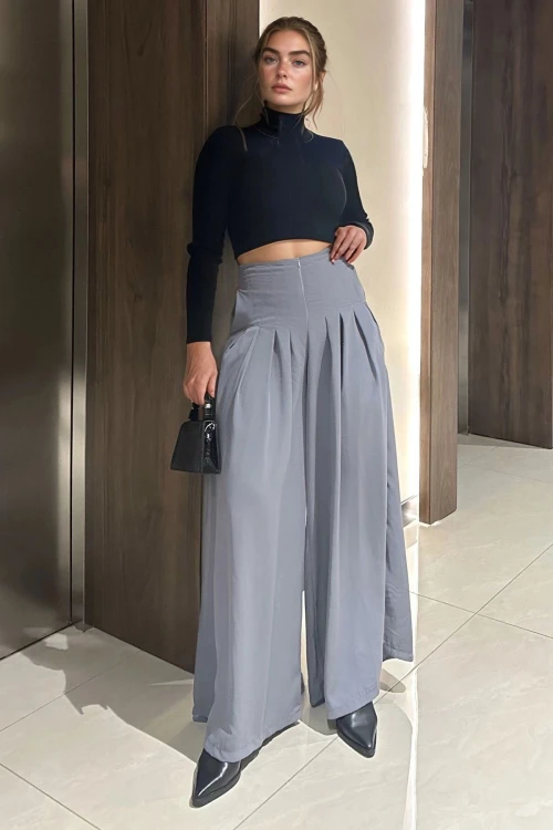 Gri Yüksek Bel Salaş Pantolon BCBSK-25700-3538