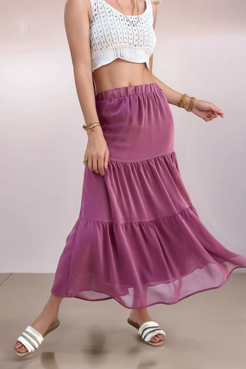 Gül Kurusu Beli Lastikli Volanlı Şifon Astarlı Kiloş Etek BCBSK-25700-3642