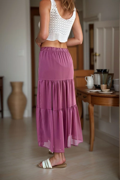 Gül Kurusu Beli Lastikli Volanlı Şifon Astarlı Kiloş Etek BCBSK-25700-3642