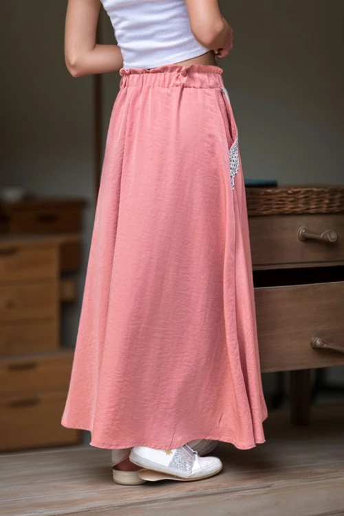 Gül Kurusu Cebi Hasır Detaylı Beli Lastikli Salaş Etek BCBSK-25700-3389