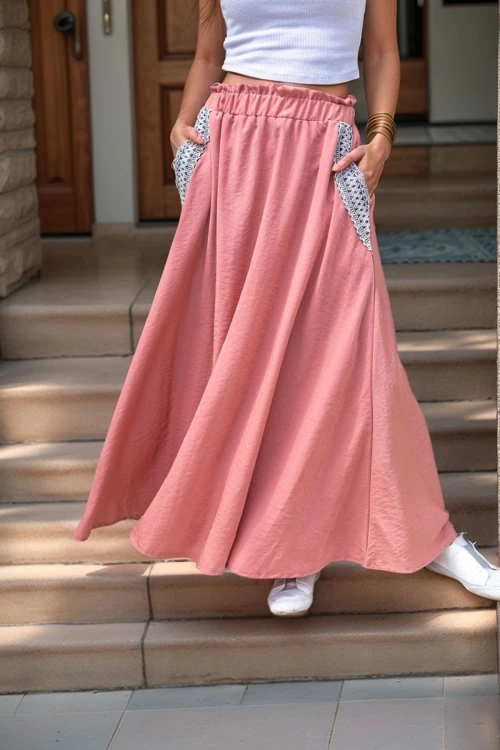 Gül Kurusu Cebi Hasır Detaylı Beli Lastikli Salaş Etek BCBSK-25700-3389