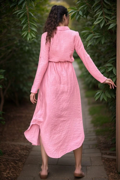 Gül Kurusu Keten Beli Büzgülü Hasır Kemerli Gömlek Elbise BCBSK-25700-2837