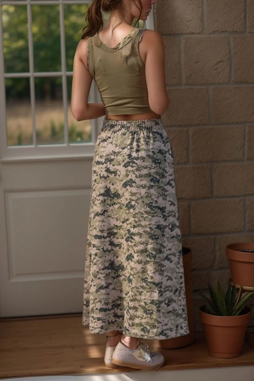 Haki Bej Kamuflaj Kendinden Desenli Gabardin Çift Cep Beli Lastikli Uzun Etek BCBSK-25700-3553