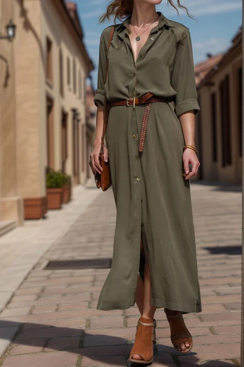 Haki Beli Kemerli Salaş Elbise BCBSK-25700-T4010-1730