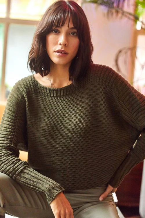 Haki Geniş Yaka Triko Kazak BCBSK-25700-K7558