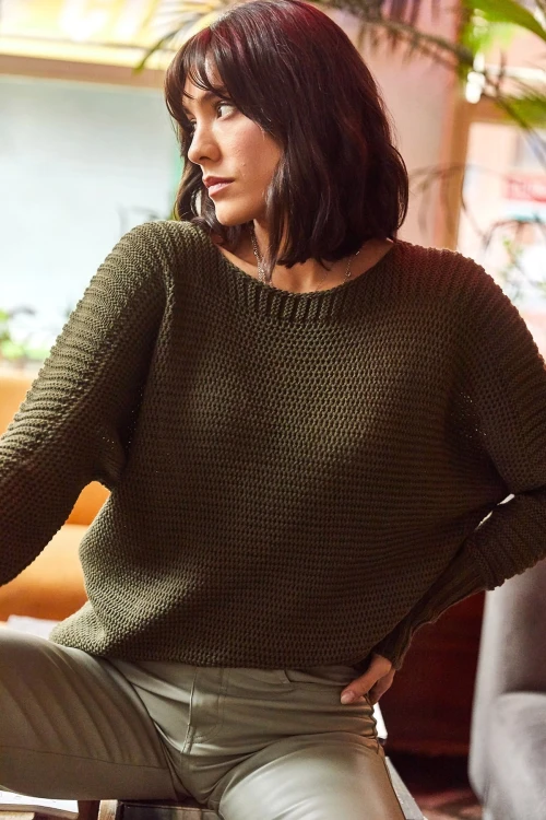 Haki Geniş Yaka Triko Kazak BCBSK-25700-K7558