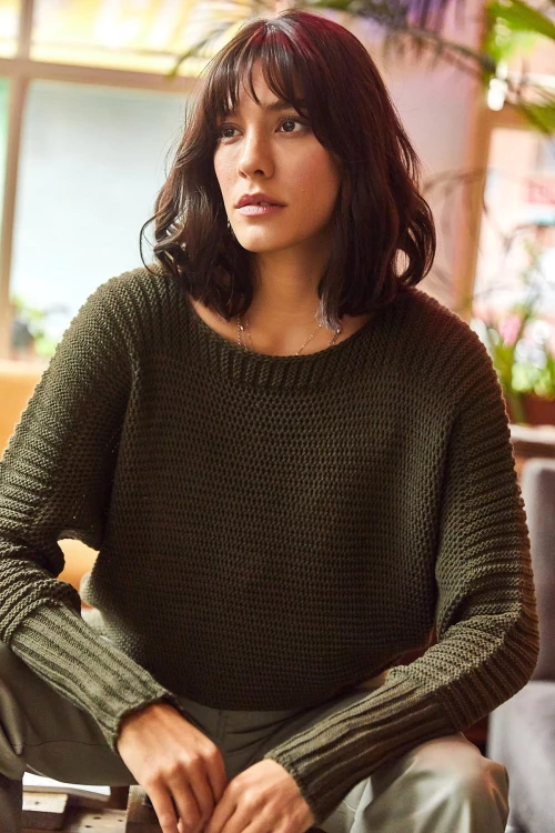 Haki Geniş Yaka Triko Kazak BCBSK-25700-K7558