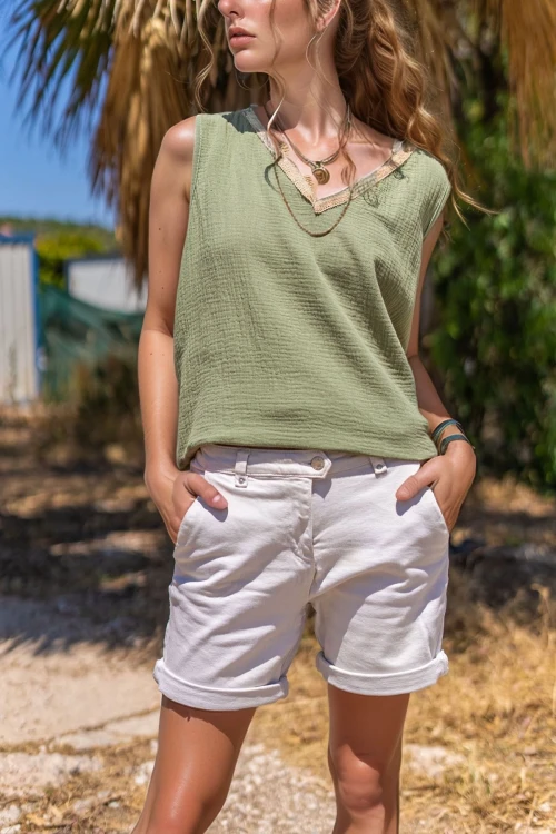 Haki Hasır V Yaka Müslin Kolsuz Salaş Bluz BCBSK-25700-3424