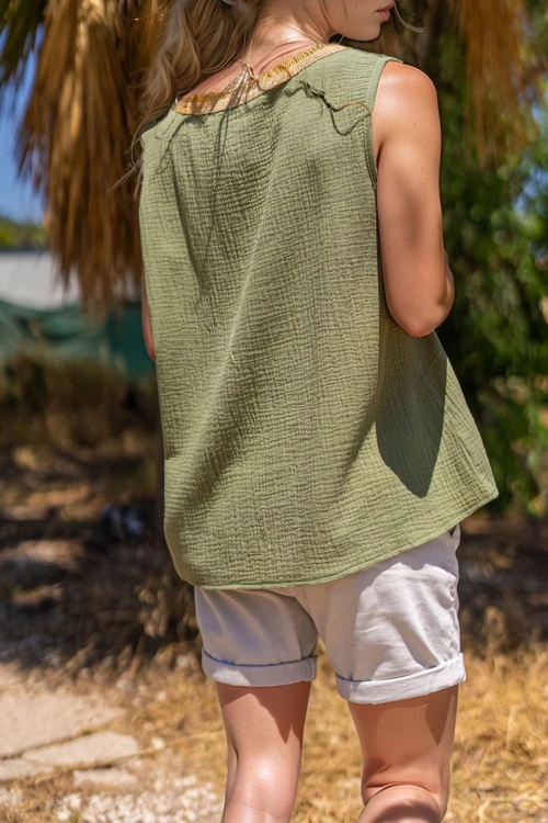 Haki Hasır V Yaka Müslin Kolsuz Salaş Bluz BCBSK-25700-3424