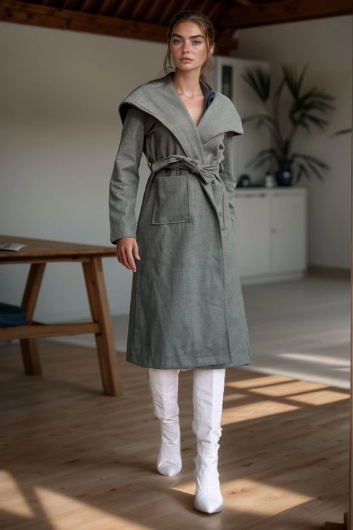 Haki Kendinden Kemerli Kapüşonlu Salaş Kaşe Kaban BCBSK-25700-3269