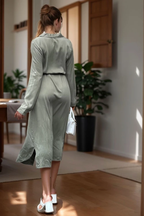 Haki Kendinden Kuşaklı Uzun Gömlek Elbise BCBSK-25700-T4011-1490