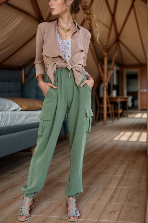 Haki Keten Yanları Cepli Paçası Lastikli Safari Pantolon BCBSK-25700-3230