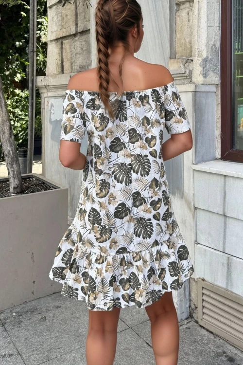 Haki Madonna Yaka Eteği Volanlı Cepli Desenli Salaş Elbise BCBSK-25700-3633