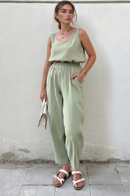 Haki Müslin Beli Lastikli Cepli Salaş Pantolon BCBSK-25700-3416