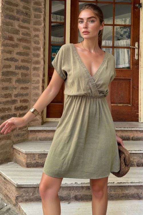 Haki Özel Dokulu Beli Lastikli Ön Arka Kruvaze Kiloş Elbise BCBSK-25700-3639