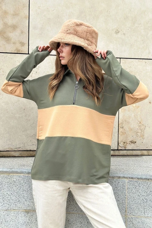 Haki Yakası Fermuarlı Color Block Polo Yaka Salaş Sweatshirt BCBSK-25700-3471