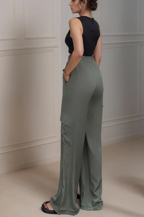 Haki Yanı Cepli Beli Lastikli Bol Paça Salaş Pantolon BCBSK-25700-3600