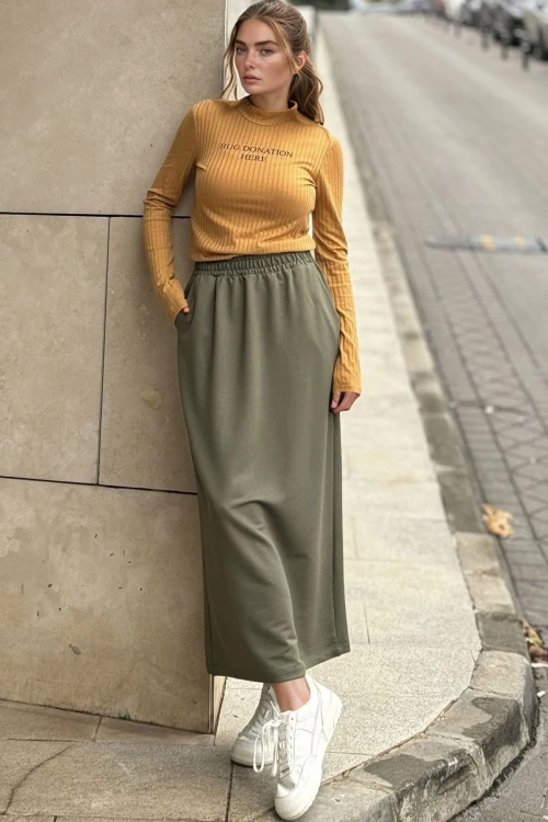 Haki Yüksek Bel Beli Latikli Uzun Etek BCBSK-25700-3503