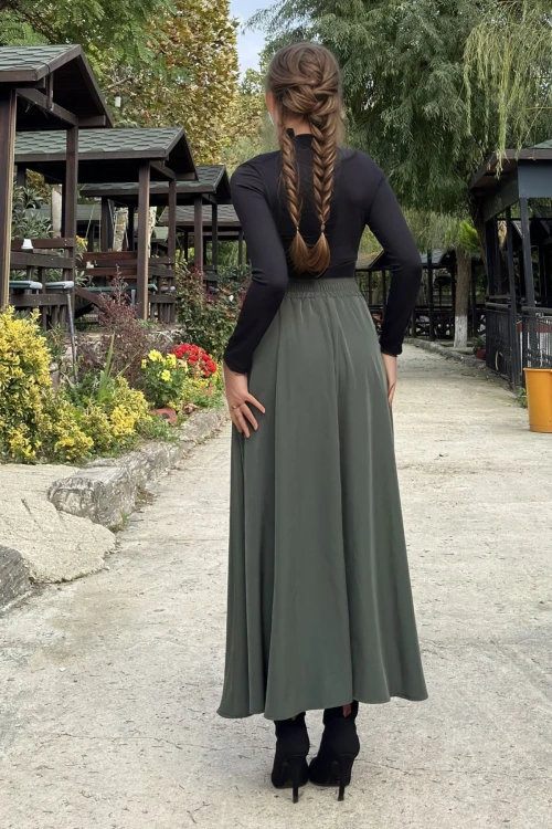 Haki Yüksek Bel Lastikli Uzun Etek BCBSK-25700-3676
