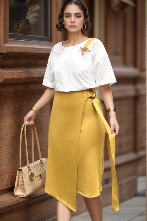 Hardal Beli Lastikli Asimetrik Kesim Tokalı Diz Altı Etek BCBSK-25700-3566