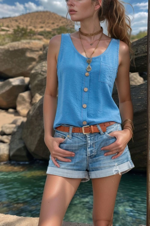 İndigo Askılı Düğmeli Keten Bluz BCBSK-25700-2910