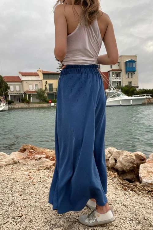 İndigo Cebi Hasır Detaylı Beli Lastikli Salaş Etek BCBSK-25700-3389