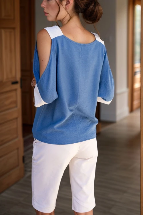 İndigo Keten Omuz Dekolteli Salaş Bluz BCBSK-25700-2923