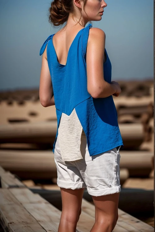 İndigo Keten Omzu Bağlamalı Parçalı Asimetrik Bluz BCBSK-25700-3153