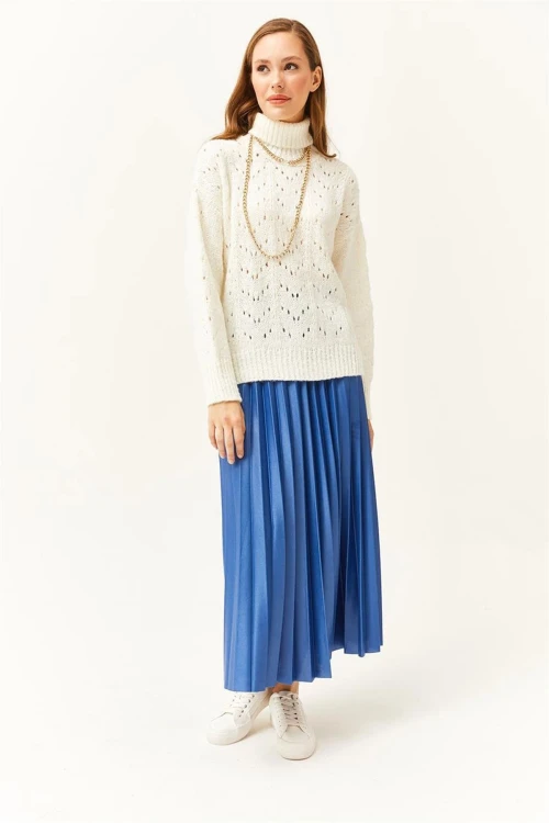 İndigo Pileli Saten Yüzey Uzun Etek BCBSK-25700-K7605