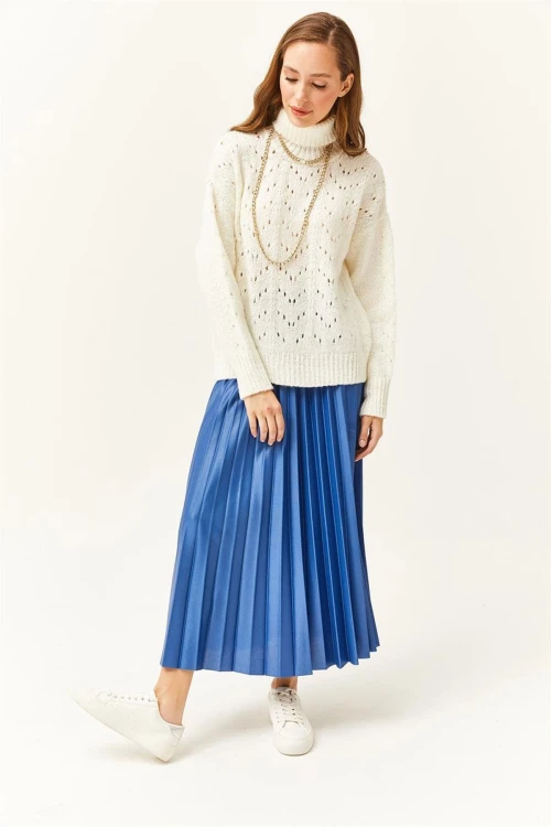 İndigo Pileli Saten Yüzey Uzun Etek BCBSK-25700-K7605