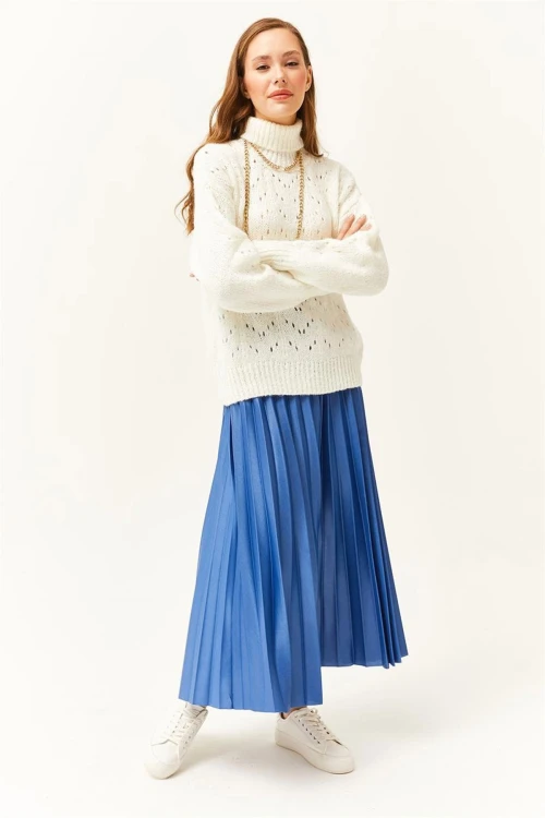 İndigo Pileli Saten Yüzey Uzun Etek BCBSK-25700-K7605