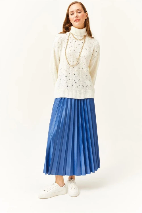 İndigo Pileli Saten Yüzey Uzun Etek BCBSK-25700-K7605