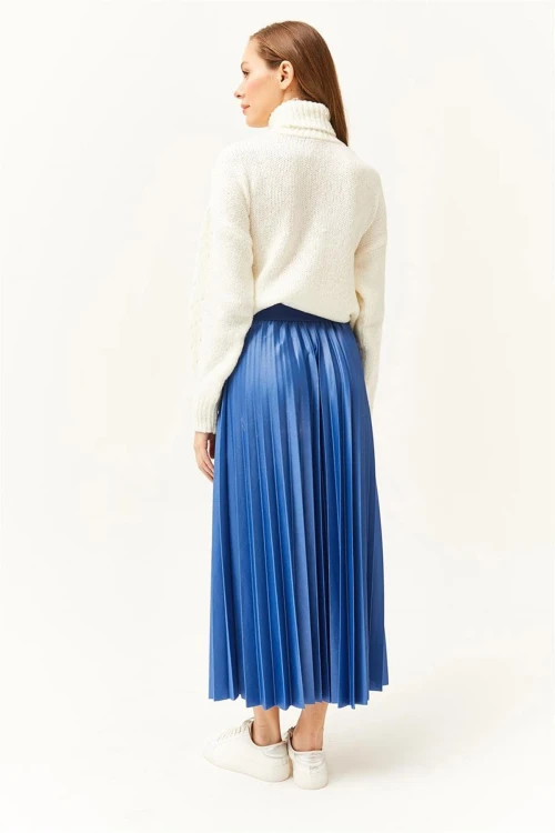 İndigo Pileli Saten Yüzey Uzun Etek BCBSK-25700-K7605