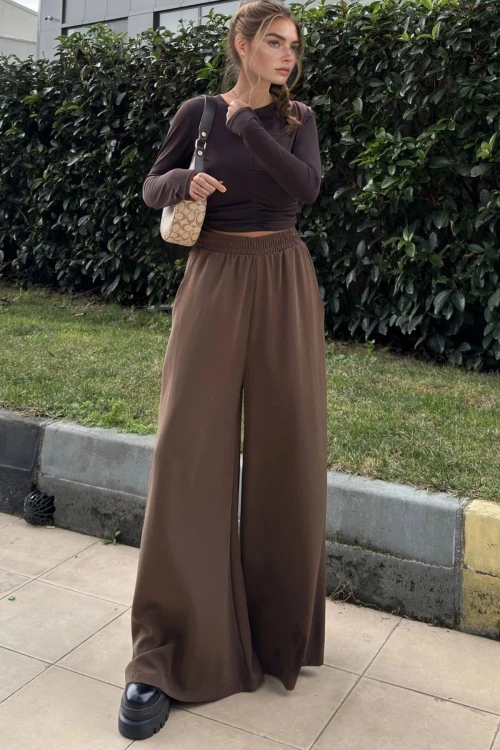 Kahve Beli Lastikli Cepli Bol Paça Yumuşak Dokulu Salaş Pantolon BCBSK-25700-3391