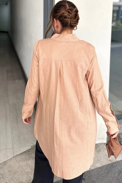 Kahve Düğme Detaylı Oversize Uzun Kollu Gömlek BCBSK-25700-3558